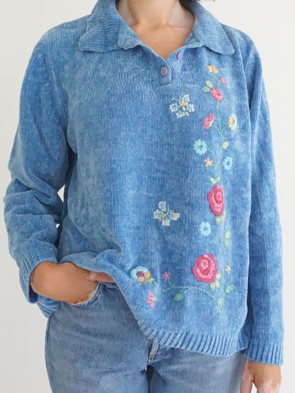 Vintage Alfred Dunner Blue Floral Embroidered Textured Button Collar Sweater L
